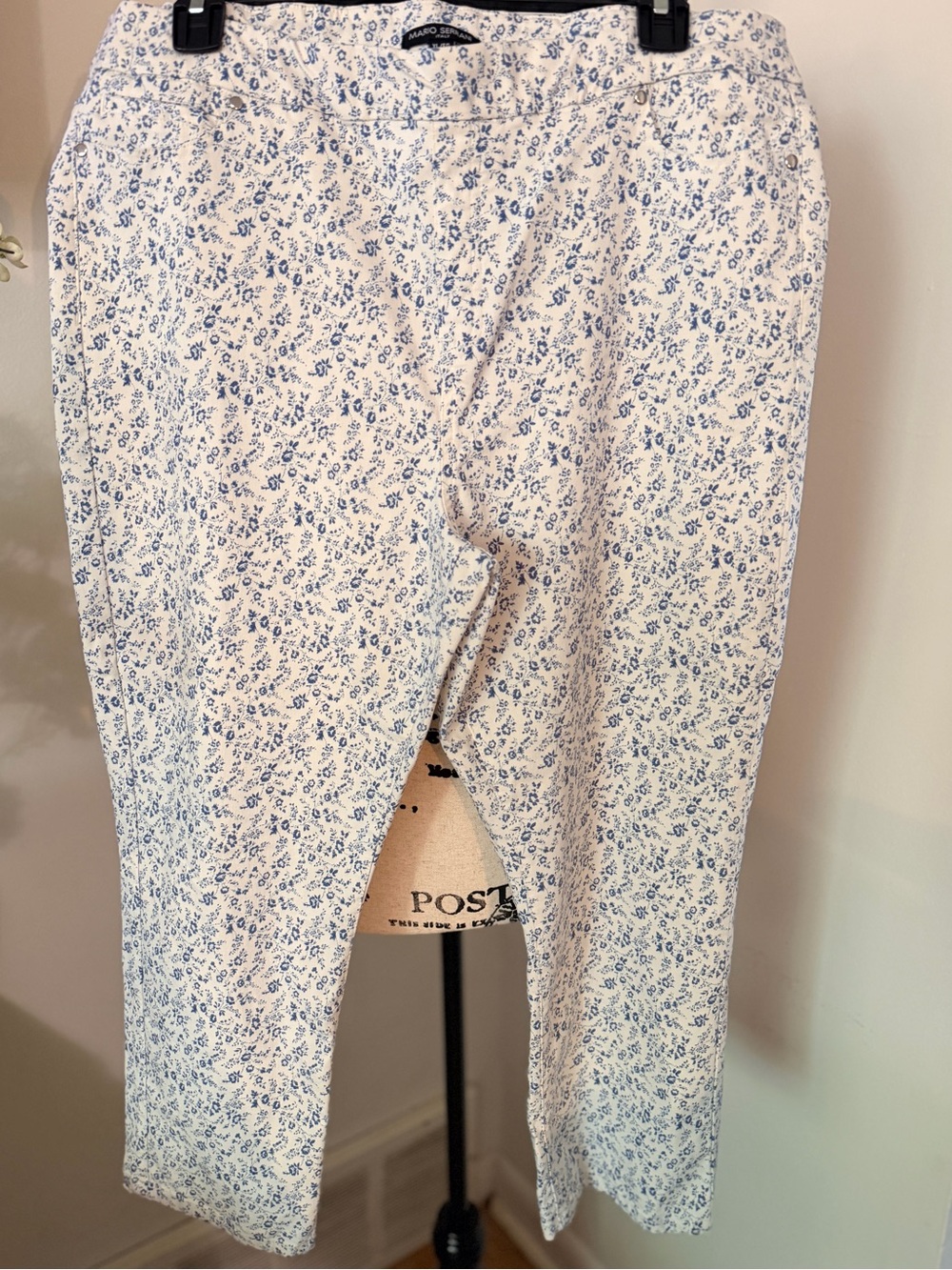 Mario Serrani Italy XL Blue/White Floral Pull On Pants Cottagecore Stretch